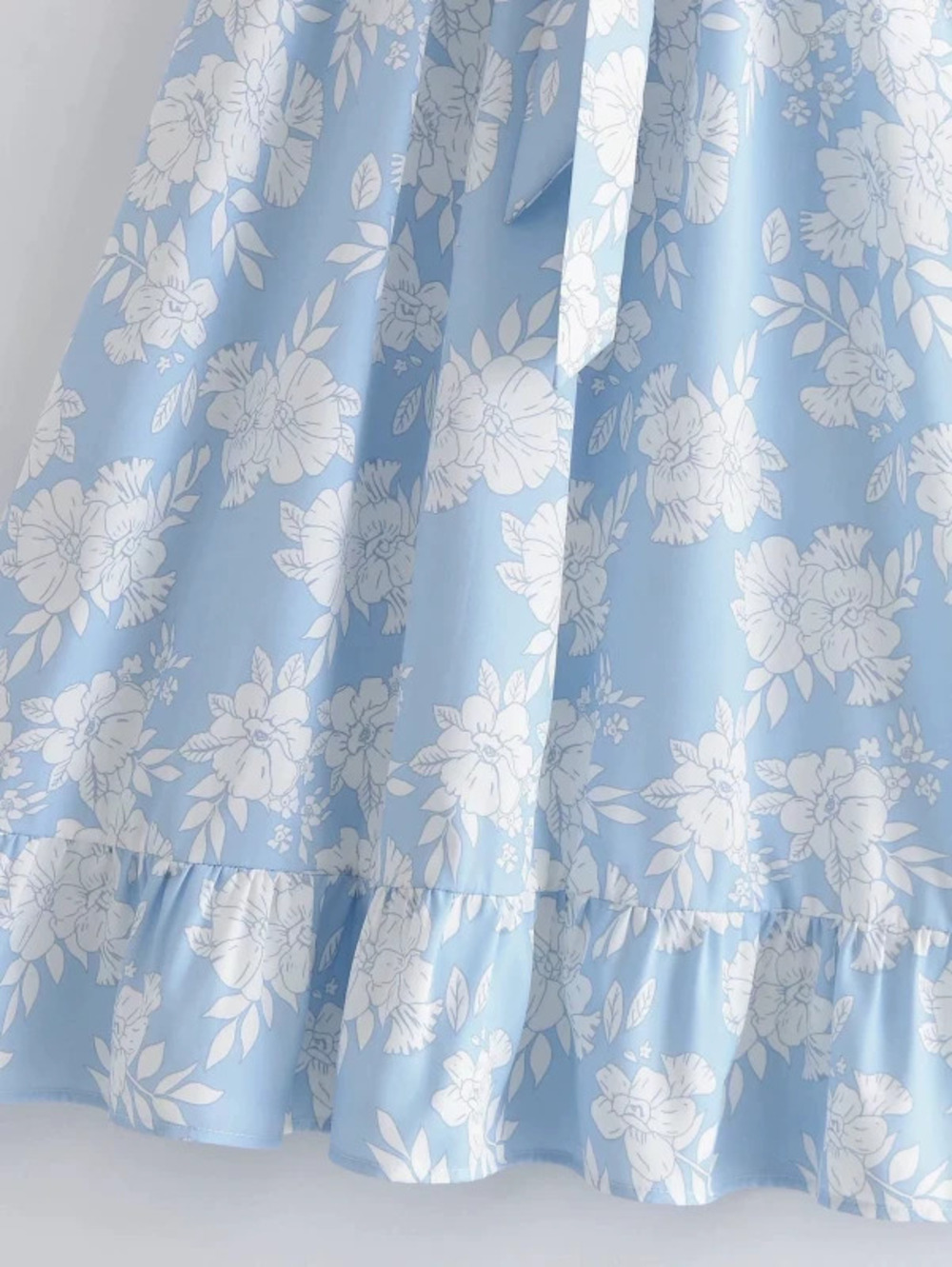 Womens Spring Blue Floral Print Long Elastic Drawstring Dress